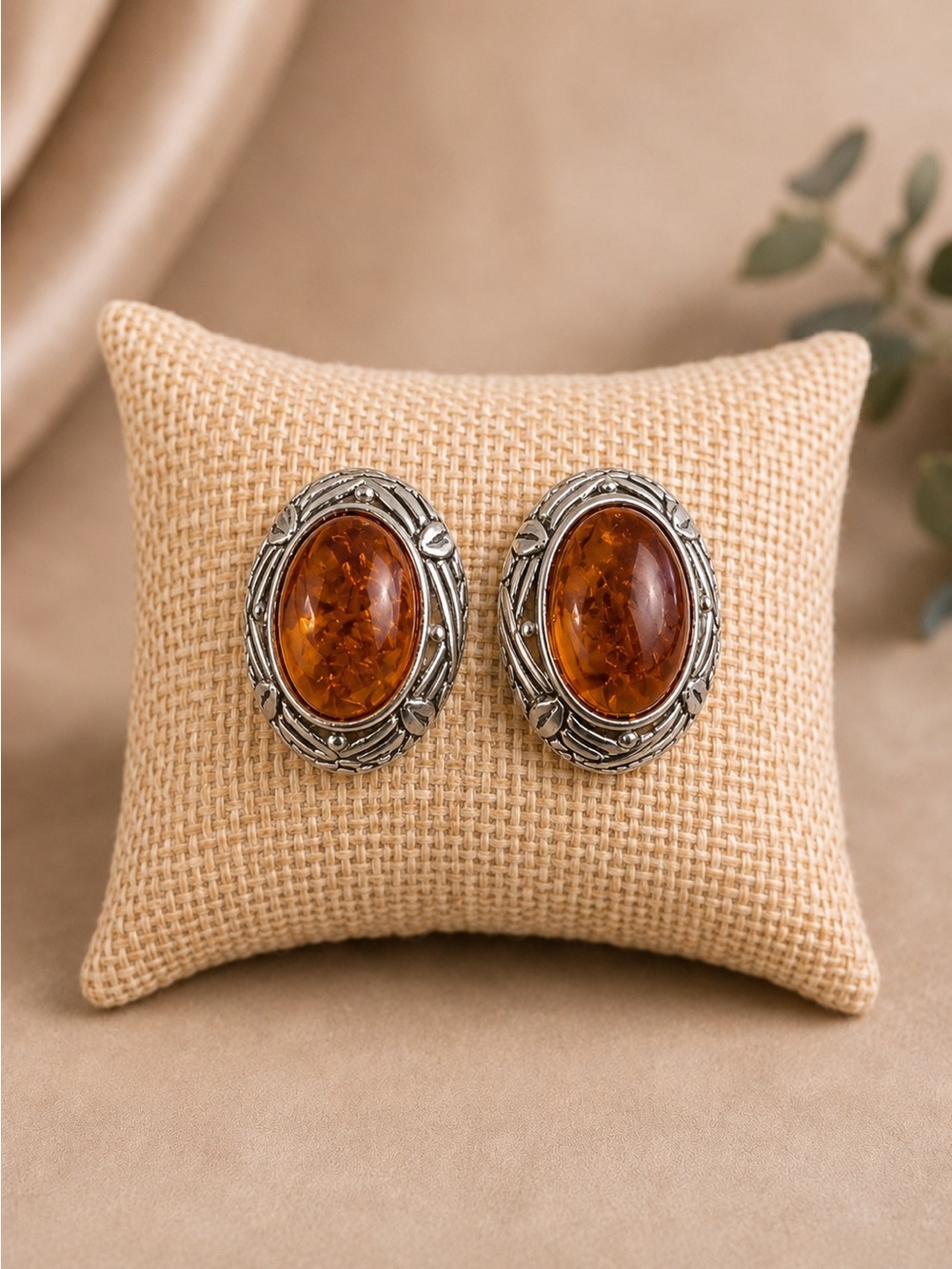 Estate Amber Sterling Silver Earrings Baltic Cognac Color Signed